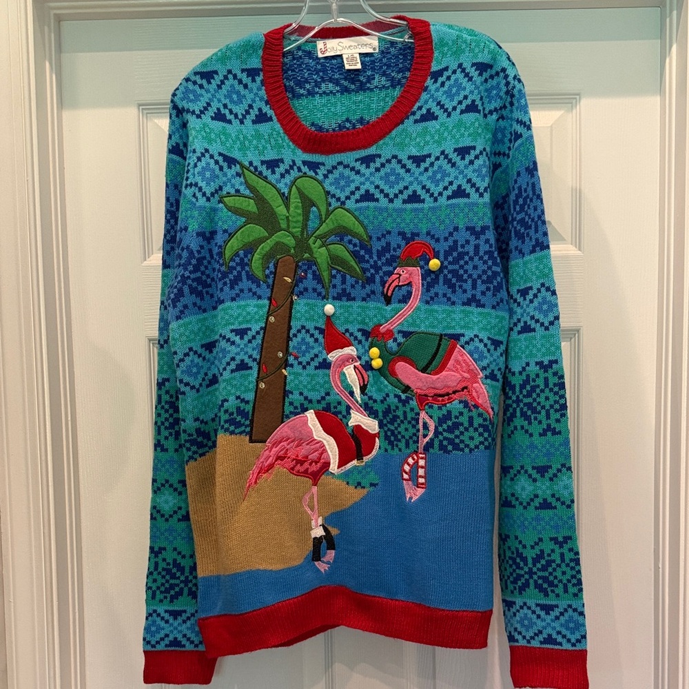 Jolly Sweaters holiday tropical with flamingos size Large